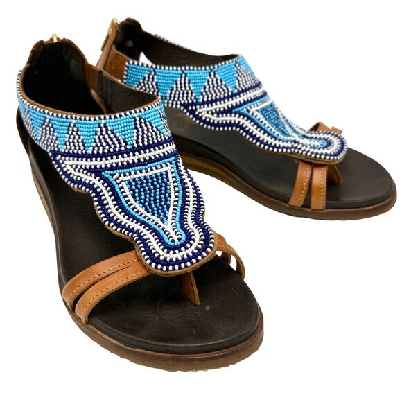Pikolinos Antillas Maasai Sandals 38 US 7.5 - 8 Blue Beaded Brown Leather Boho - Picture 1 of 10